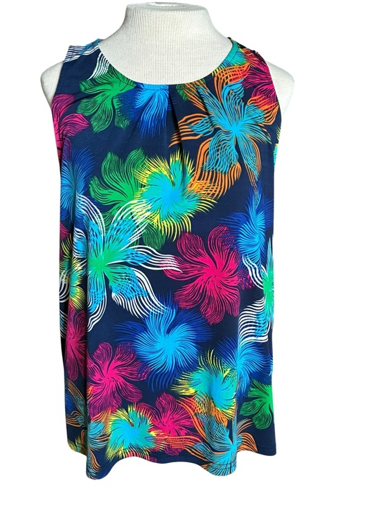 Tops - Sleeveless Navy Tropical Floral Tank Top